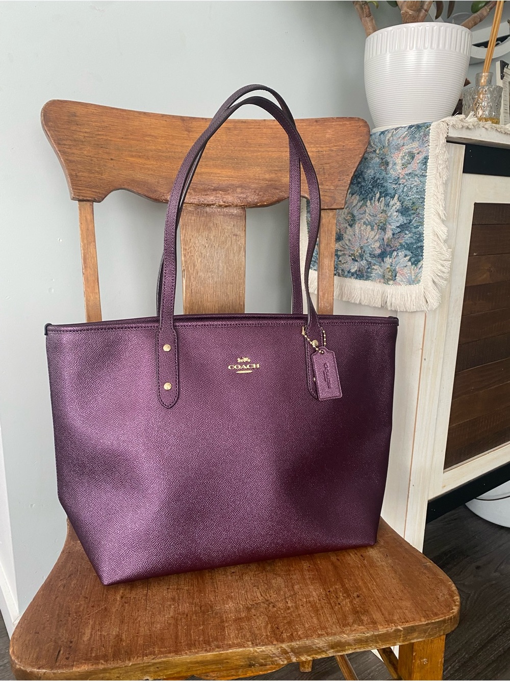 Coach Metallic Purple Crossgrain Leather City Zip Tote Shoulder Bag